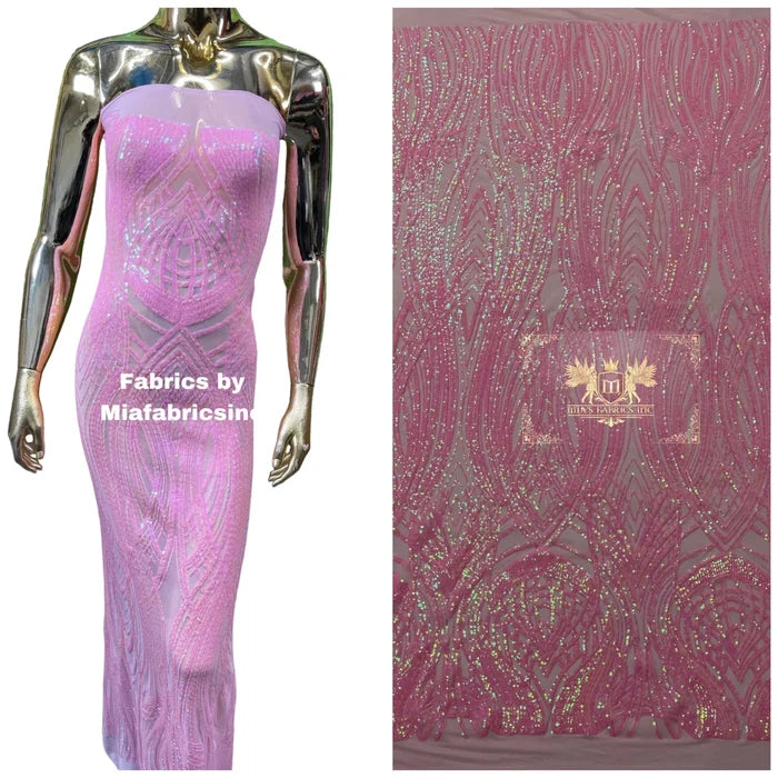 Long Wavy Line Design Sequins - Candy Pink - 4 Way Stretch Sequin Design on Mesh Fabric By Yard