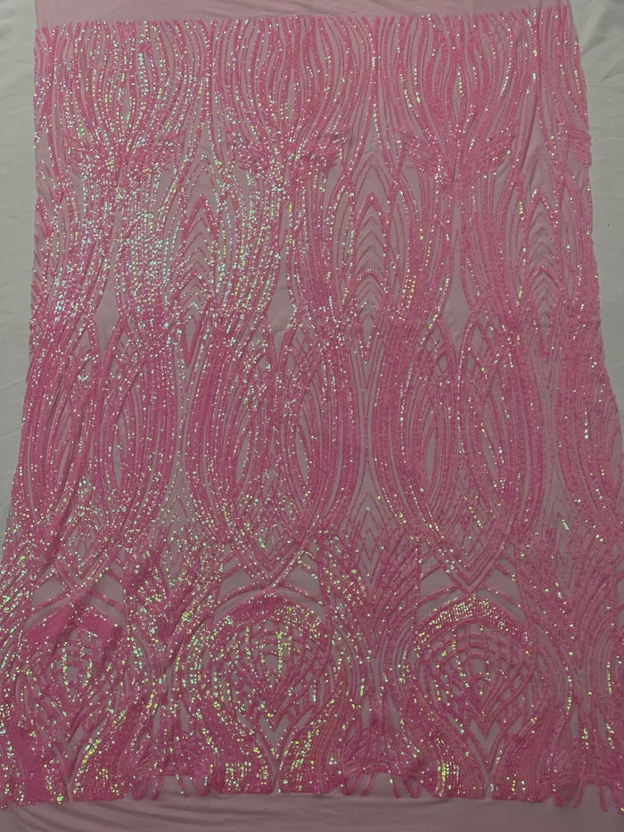 Long Wavy Line Design Sequins - Candy Pink - 4 Way Stretch Sequin Design on Mesh Fabric By Yard