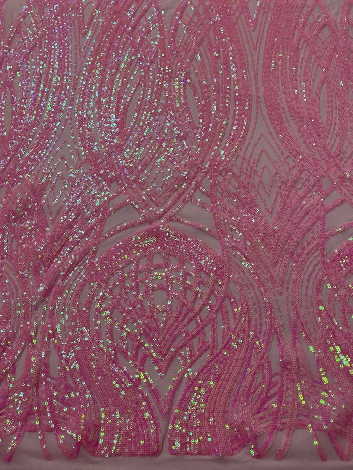 Long Wavy Line Design Sequins - Candy Pink - 4 Way Stretch Sequin Design on Mesh Fabric By Yard