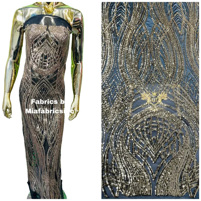 Long Wavy Line Design Sequins - Gold on Black - 4 Way Stretch Sequin Design on Mesh Fabric By Yard