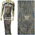 Long Wavy Line Design Sequins - Gold on Black - 4 Way Stretch Sequin Design on Mesh Fabric By Yard