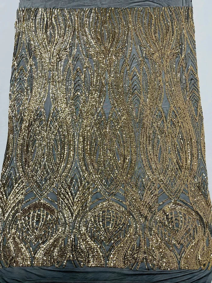 Long Wavy Line Design Sequins - Gold on Black - 4 Way Stretch Sequin Design on Mesh Fabric By Yard