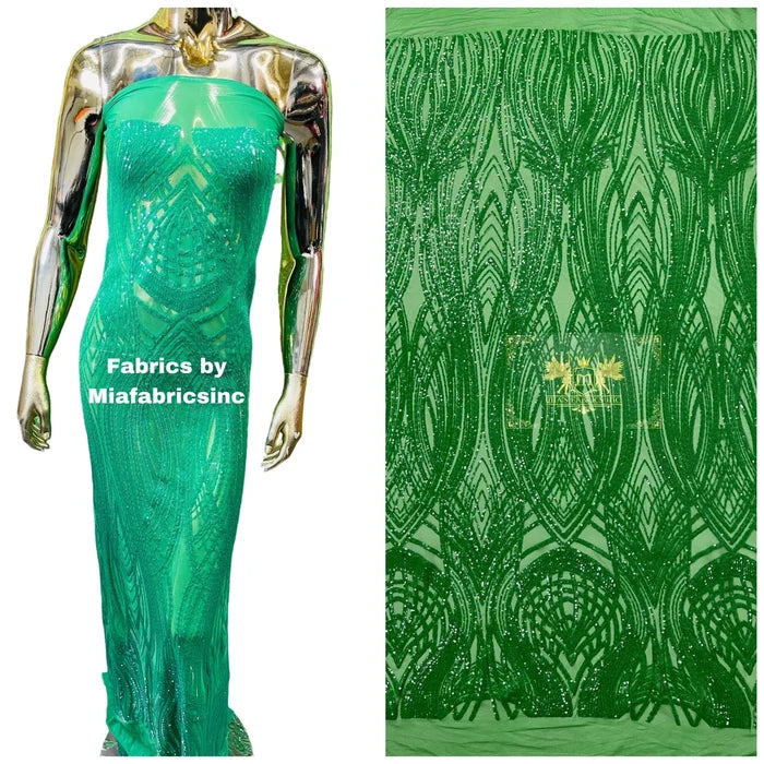 Long Wavy Line Design Sequins - Green Iridescent - 4 Way Stretch Sequin Design on Mesh Fabric By Yard