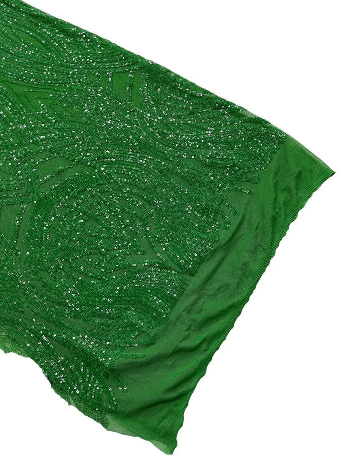 Long Wavy Line Design Sequins - Green Iridescent - 4 Way Stretch Sequin Design on Mesh Fabric By Yard