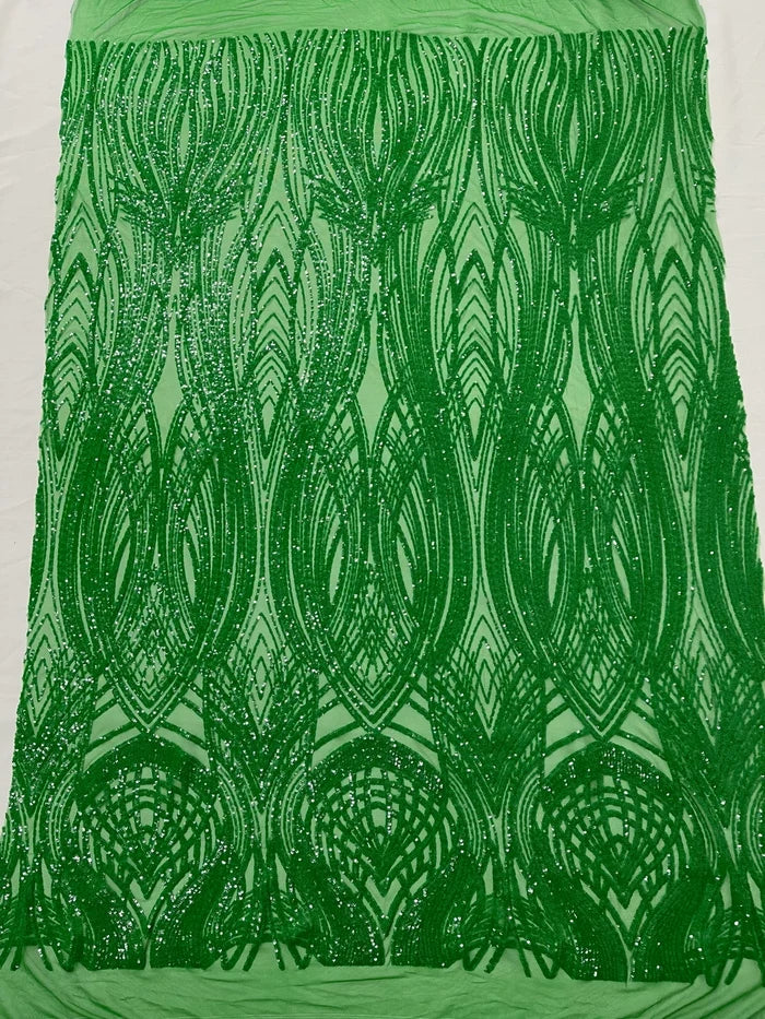 Long Wavy Line Design Sequins - Green Iridescent - 4 Way Stretch Sequin Design on Mesh Fabric By Yard