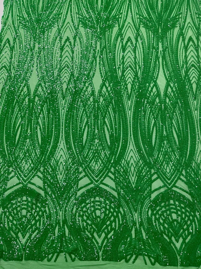 Long Wavy Line Design Sequins - Green Iridescent - 4 Way Stretch Sequin Design on Mesh Fabric By Yard