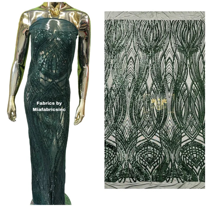 Long Wavy Line Design Sequins - Hunter Green - 4 Way Stretch Sequin Design on Mesh Fabric By Yard