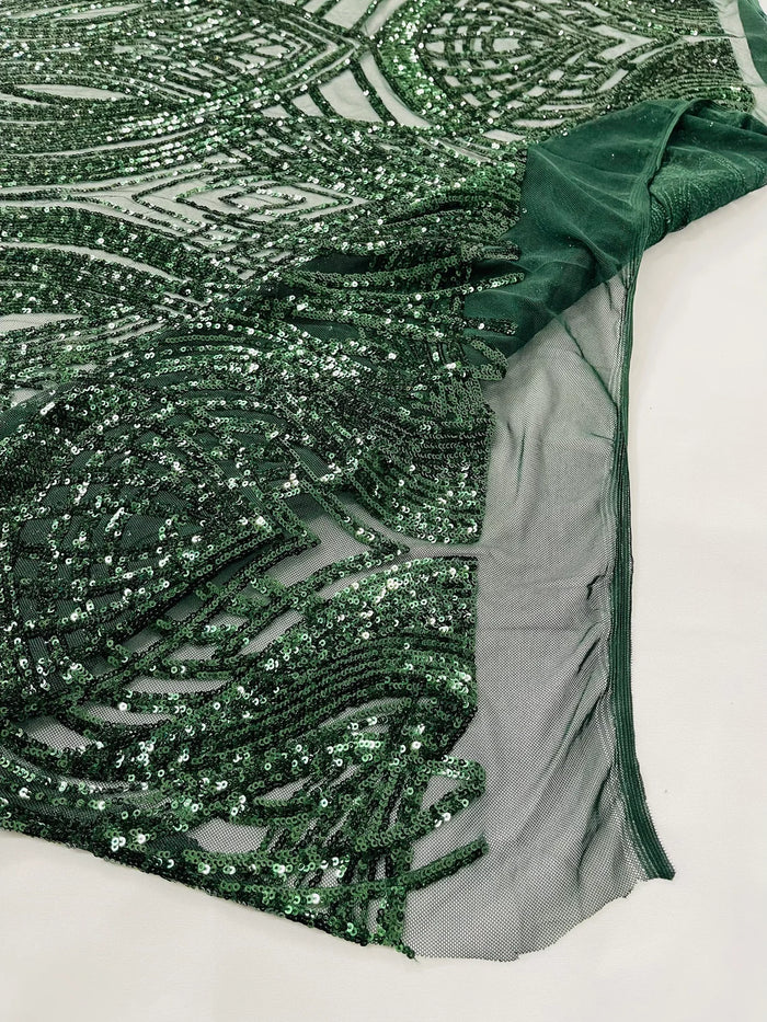 Long Wavy Line Design Sequins - Hunter Green - 4 Way Stretch Sequin Design on Mesh Fabric By Yard