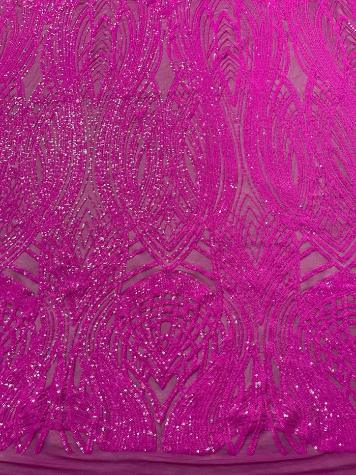 Long Wavy Line Design Sequins - Magenta Iridescent - 4 Way Stretch Sequin Design on Mesh Fabric By Yard