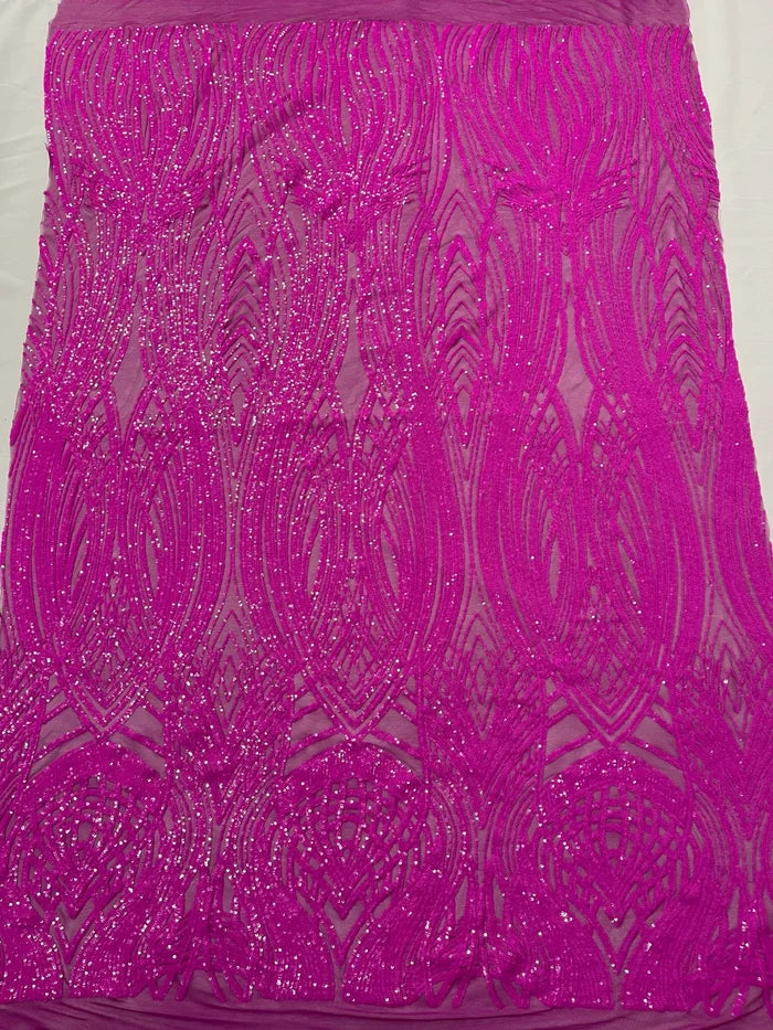 Long Wavy Line Design Sequins - Magenta Iridescent - 4 Way Stretch Sequin Design on Mesh Fabric By Yard