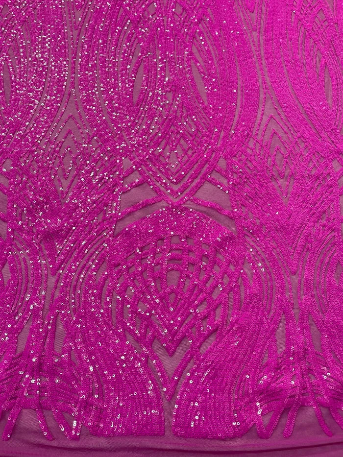 Long Wavy Line Design Sequins - Magenta Iridescent - 4 Way Stretch Sequin Design on Mesh Fabric By Yard