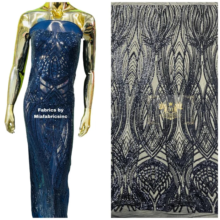 Long Wavy Line Design Sequins - Navy Blue - 4 Way Stretch Sequin Design on Mesh Fabric By Yard