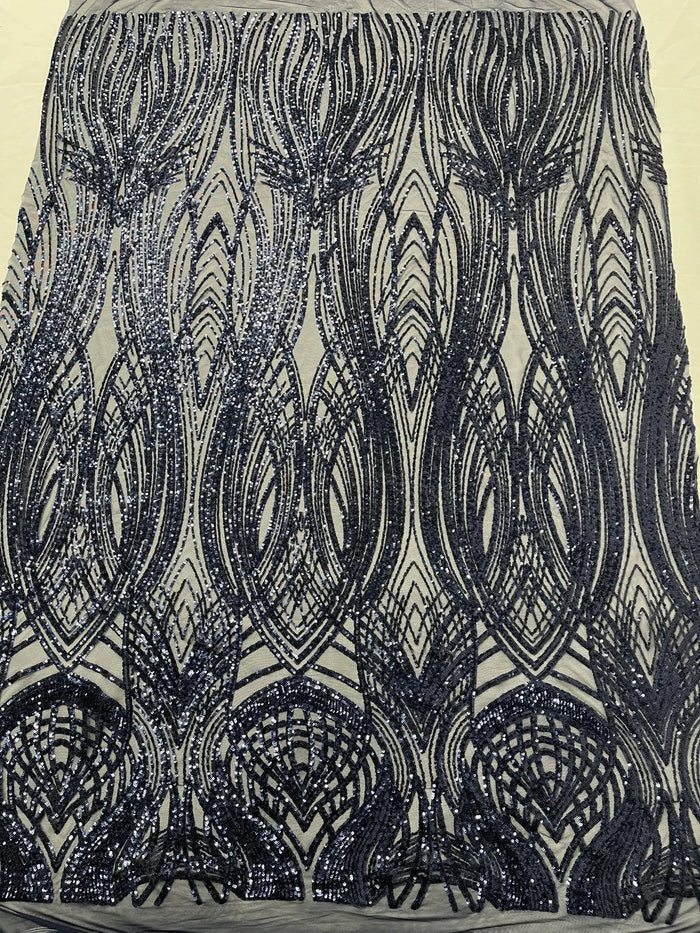 Long Wavy Line Design Sequins - Navy Blue - 4 Way Stretch Sequin Design on Mesh Fabric By Yard