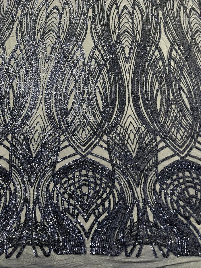 Long Wavy Line Design Sequins - Navy Blue - 4 Way Stretch Sequin Design on Mesh Fabric By Yard