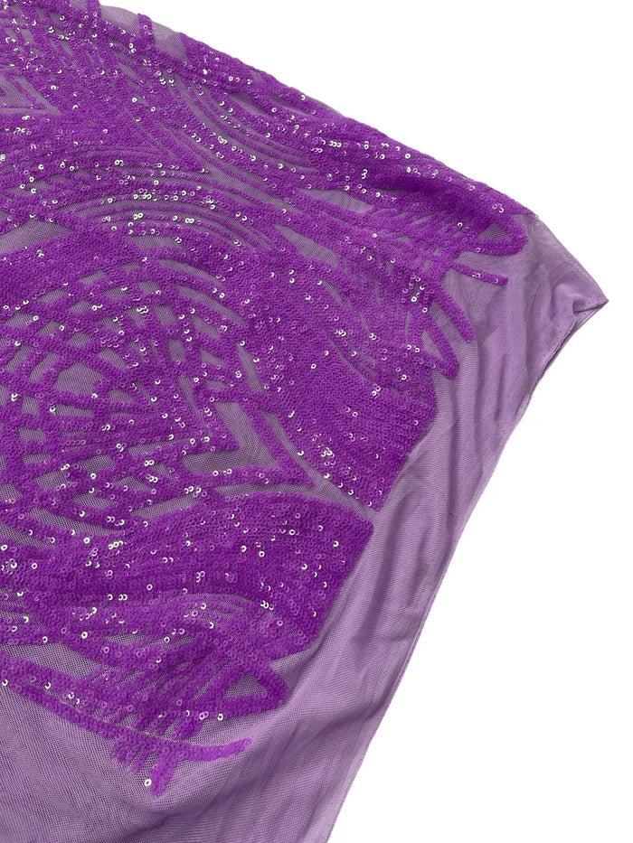 Long Wavy Line Design Sequins - Neon Grape - 4 Way Stretch Sequin Design on Mesh Fabric By Yard