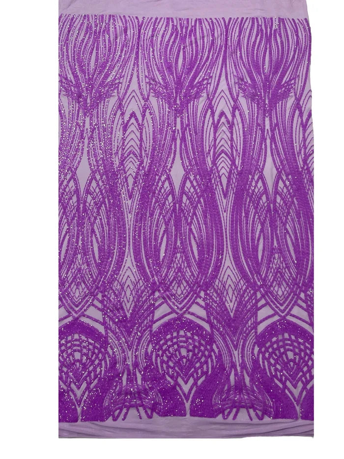 Long Wavy Line Design Sequins - Neon Grape - 4 Way Stretch Sequin Design on Mesh Fabric By Yard