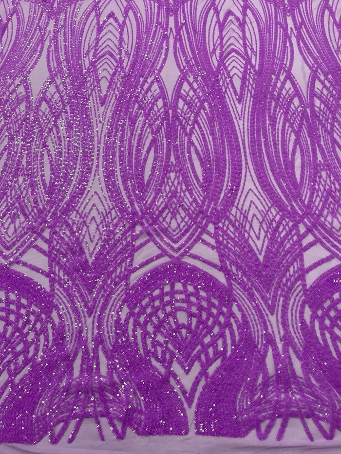 Long Wavy Line Design Sequins - Neon Grape - 4 Way Stretch Sequin Design on Mesh Fabric By Yard