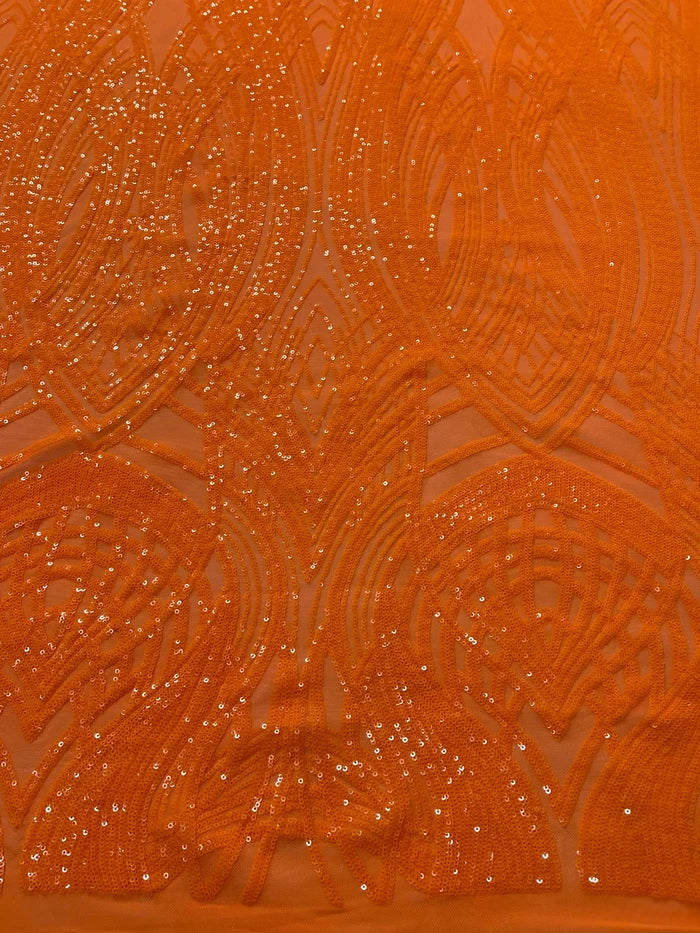 Long Wavy Line Design Sequins - Neon Orange - 4 Way Stretch Sequin Design on Mesh Fabric By Yard