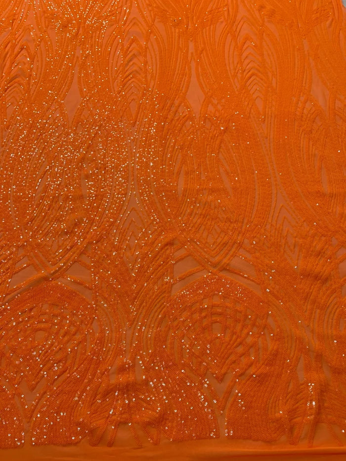 Long Wavy Line Design Sequins - Neon Orange - 4 Way Stretch Sequin Design on Mesh Fabric By Yard