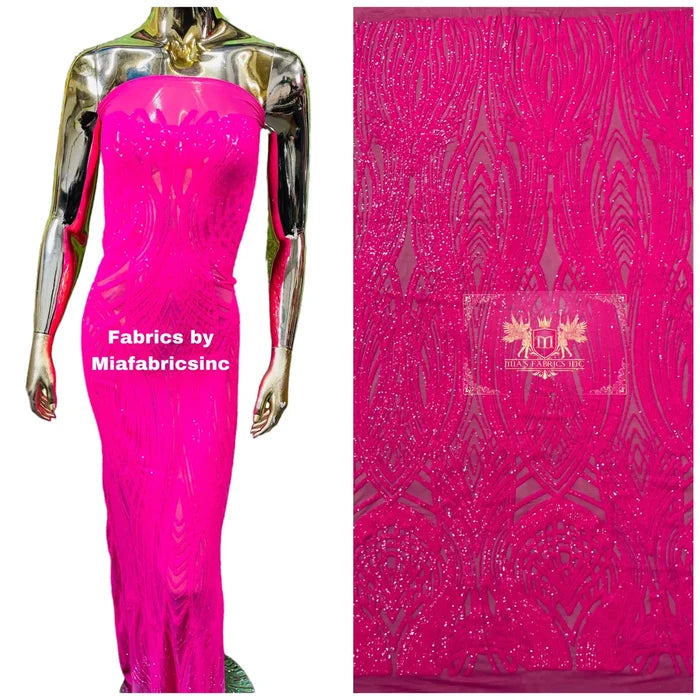 Long Wavy Line Design Sequins - Neon Pink - 4 Way Stretch Sequin Design on Mesh Fabric By Yard