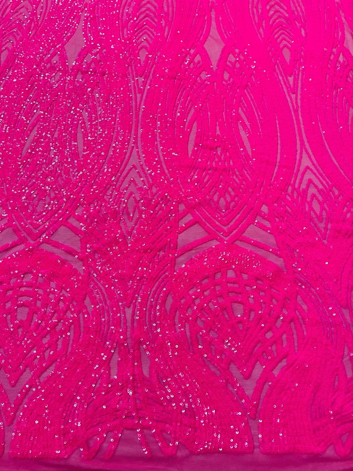 Long Wavy Line Design Sequins - Neon Pink - 4 Way Stretch Sequin Design on Mesh Fabric By Yard