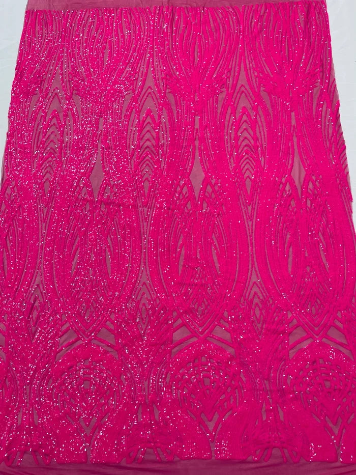 Long Wavy Line Design Sequins - Neon Pink - 4 Way Stretch Sequin Design on Mesh Fabric By Yard