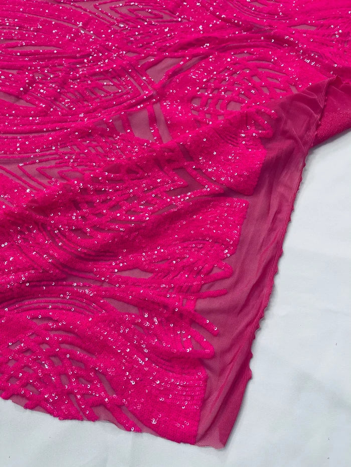 Long Wavy Line Design Sequins - Neon Pink - 4 Way Stretch Sequin Design on Mesh Fabric By Yard