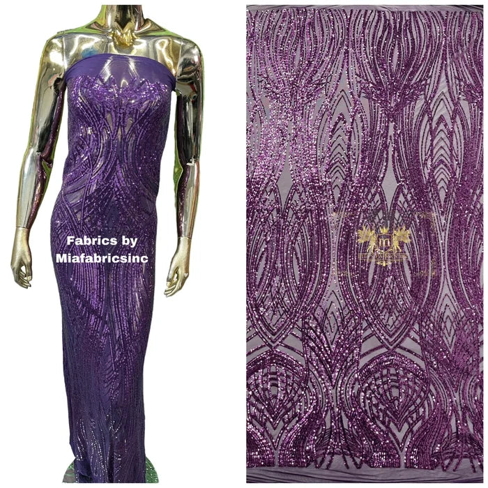 Long Wavy Line Design Sequins - Plum - 4 Way Stretch Sequin Design on Mesh Fabric By Yard