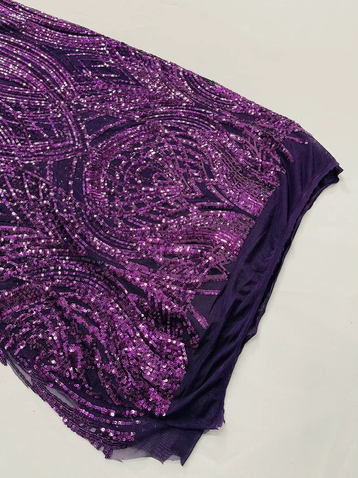 Long Wavy Line Design Sequins - Plum - 4 Way Stretch Sequin Design on Mesh Fabric By Yard