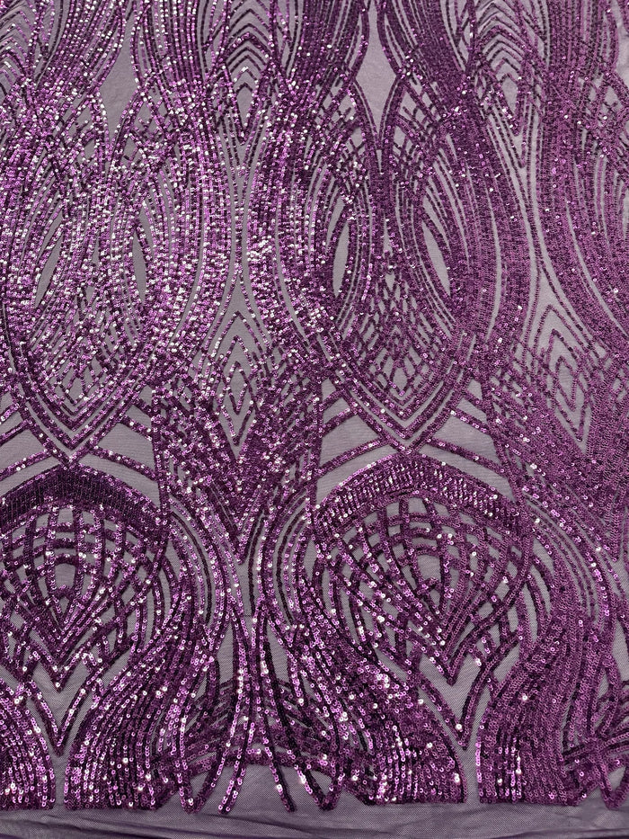 Long Wavy Line Design Sequins - Plum - 4 Way Stretch Sequin Design on Mesh Fabric By Yard