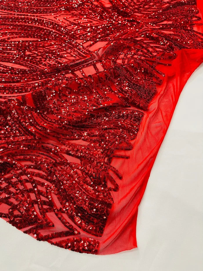 Long Wavy Line Design Sequins - Red - 4 Way Stretch Sequin Design on Mesh Fabric By Yard