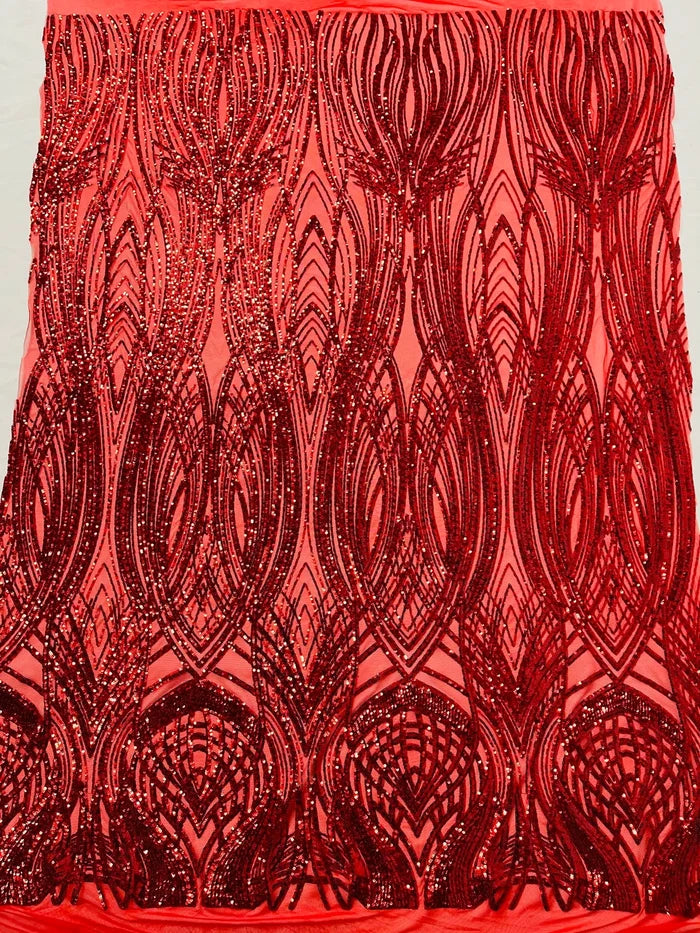 Long Wavy Line Design Sequins - Red - 4 Way Stretch Sequin Design on Mesh Fabric By Yard