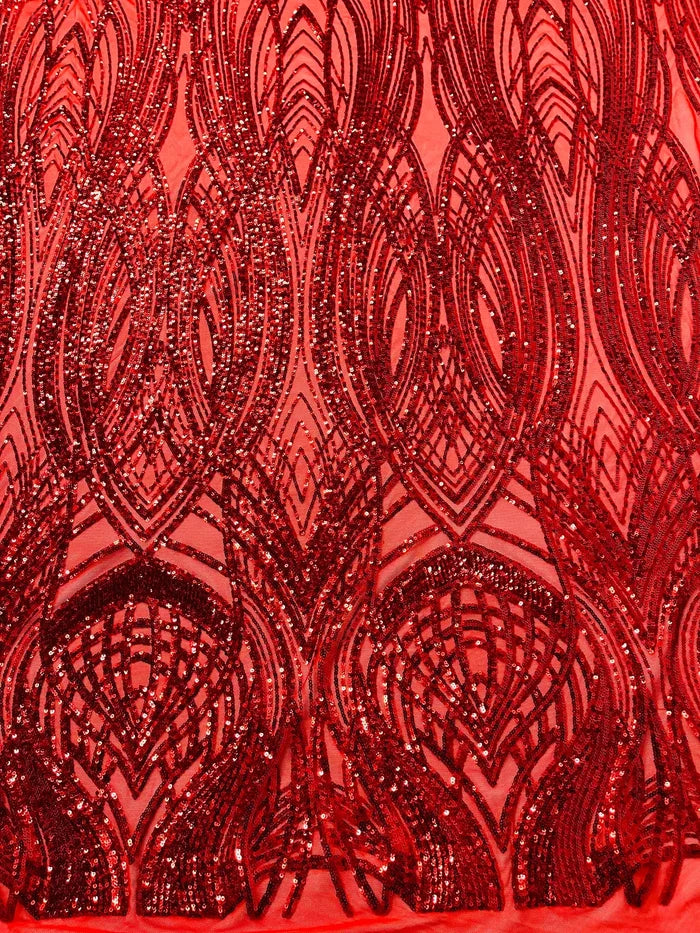 Long Wavy Line Design Sequins - Red - 4 Way Stretch Sequin Design on Mesh Fabric By Yard