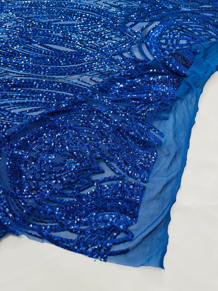 Long Wavy Line Design Sequins - Royal Blue - 4 Way Stretch Sequin Design on Mesh Fabric By Yard