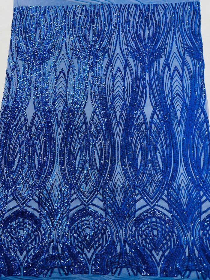 Long Wavy Line Design Sequins - Royal Blue - 4 Way Stretch Sequin Design on Mesh Fabric By Yard