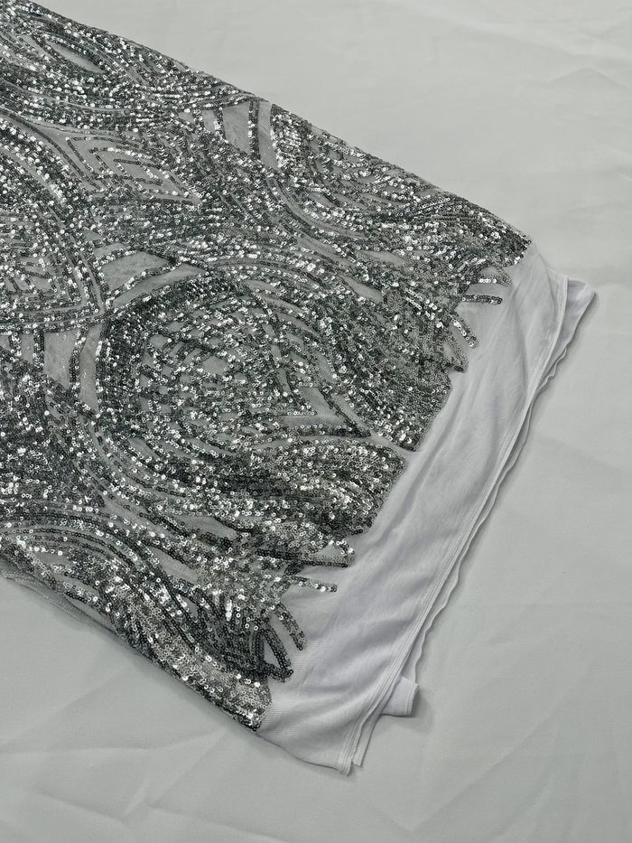 Long Wavy Line Design Sequins - Silver - 4 Way Stretch Sequin Design on Mesh Fabric By Yard