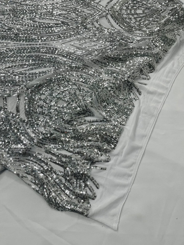 Long Wavy Line Design Sequins - Silver - 4 Way Stretch Sequin Design on Mesh Fabric By Yard
