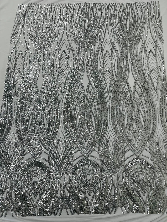 Long Wavy Line Design Sequins - Silver - 4 Way Stretch Sequin Design on Mesh Fabric By Yard