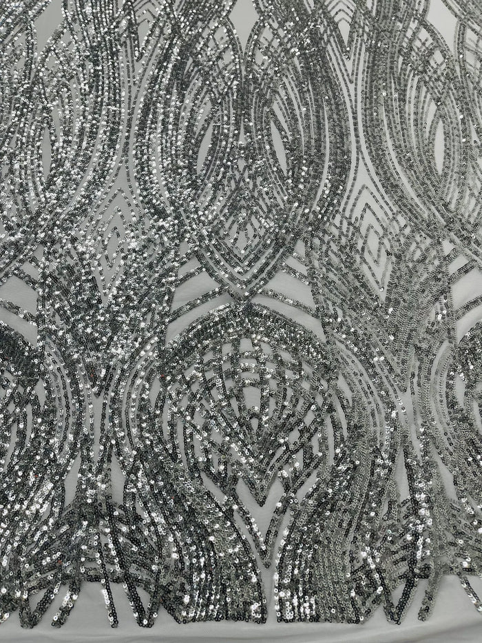 Long Wavy Line Design Sequins - Silver - 4 Way Stretch Sequin Design on Mesh Fabric By Yard