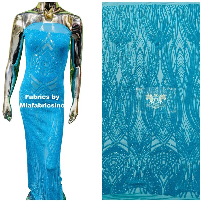 Long Wavy Line Design Sequins - Turquoise - 4 Way Stretch Sequin Design on Mesh Fabric By Yard