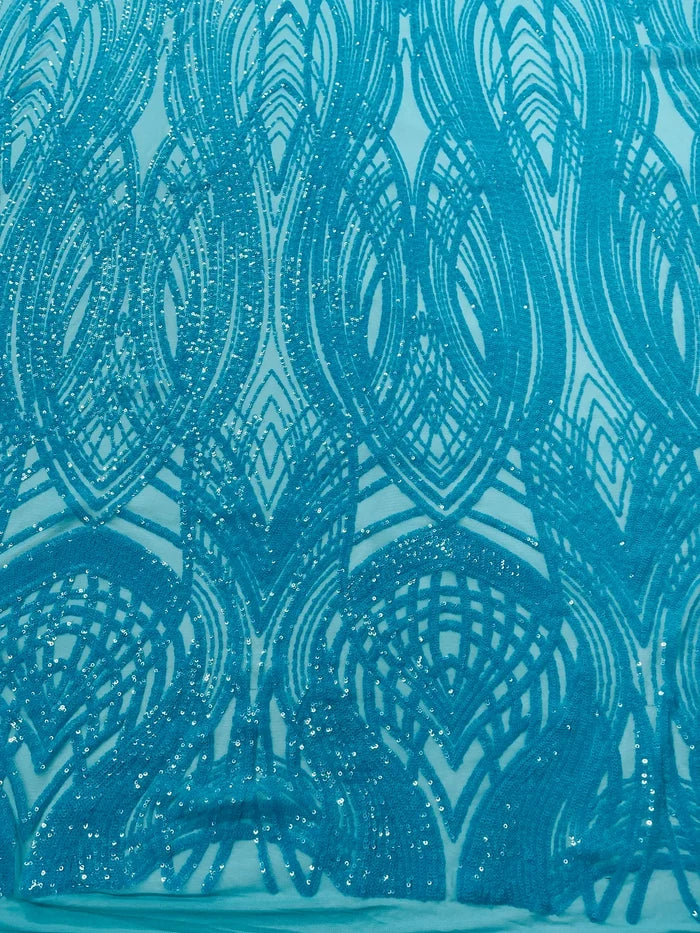 Long Wavy Line Design Sequins - Turquoise - 4 Way Stretch Sequin Design on Mesh Fabric By Yard