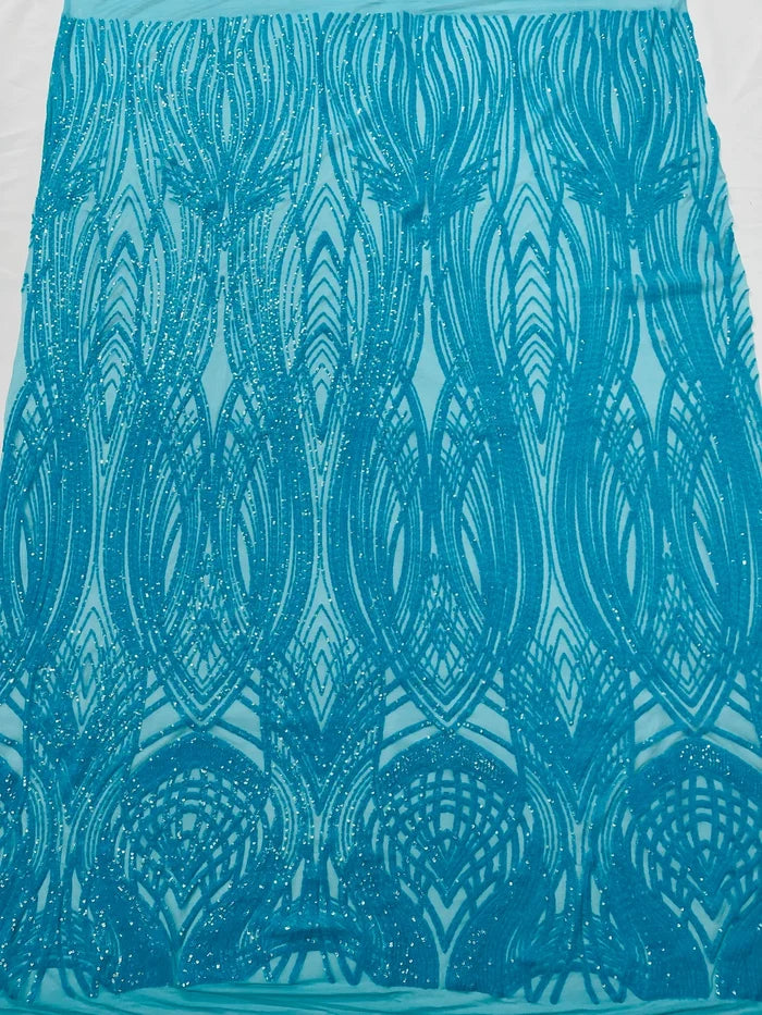 Long Wavy Line Design Sequins - Turquoise - 4 Way Stretch Sequin Design on Mesh Fabric By Yard