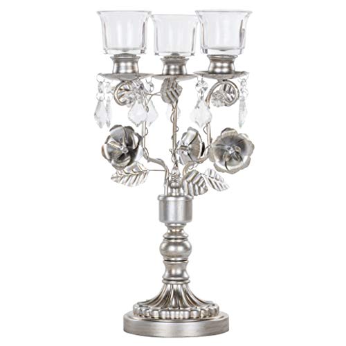 Madeleine Antique Silver Metal Candelabra Centerpiece 3 Votive Candle Taper - EK CHIC HOME