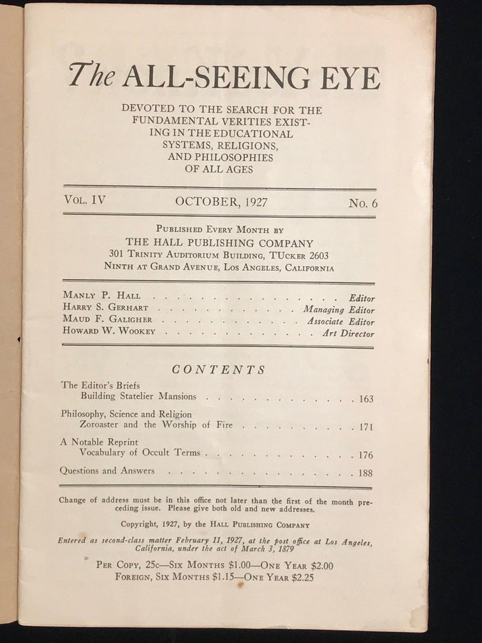 MANLY P. HALL - THE ALL-SEEING EYE, 1927 - OCCULT MYSTICISM SPIRITISM MAGAZINE