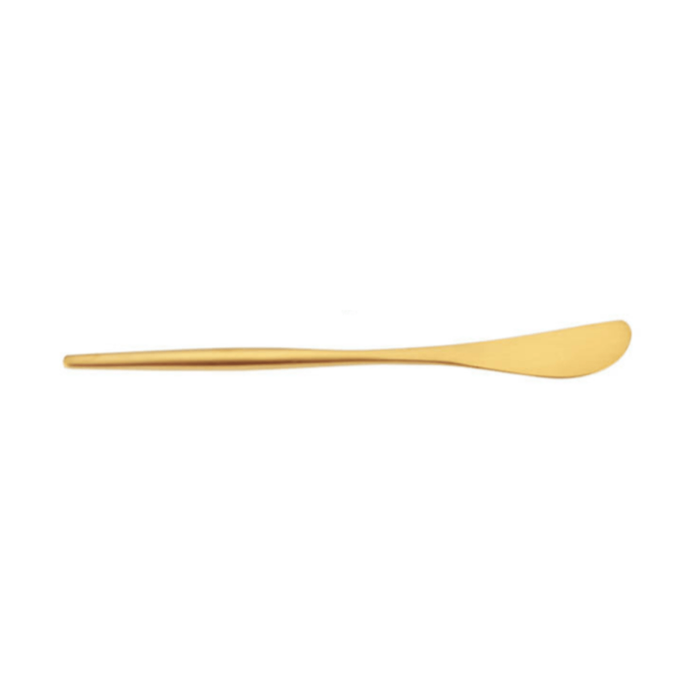 Kriya Veda matte gold cheese spreader with a sleek, smooth handle and a pointed tip, ideal for serving soft cheeses.