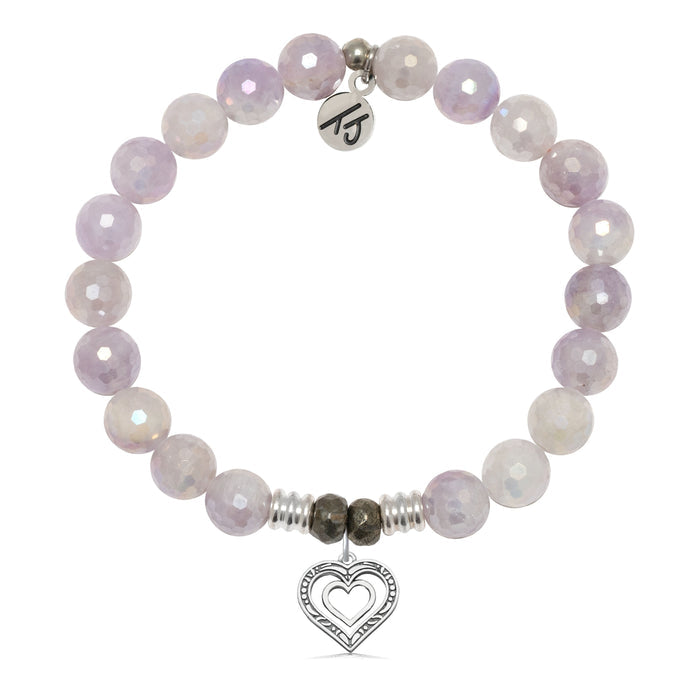 Mauve Jade Gemstone Bracelet with Family Heart Cutout Sterling Silver Charm