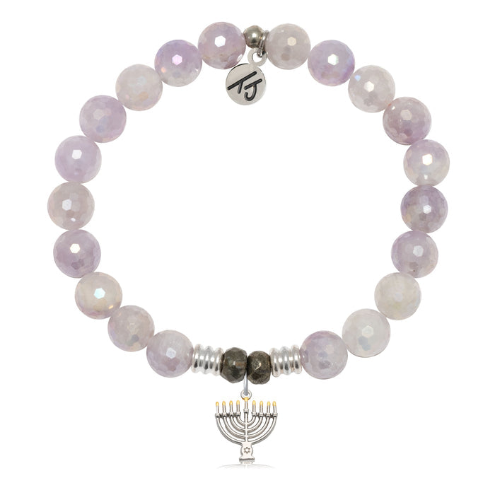 Mauve Jade Gemstone Bracelet with Menorah Sterling Silver Charm