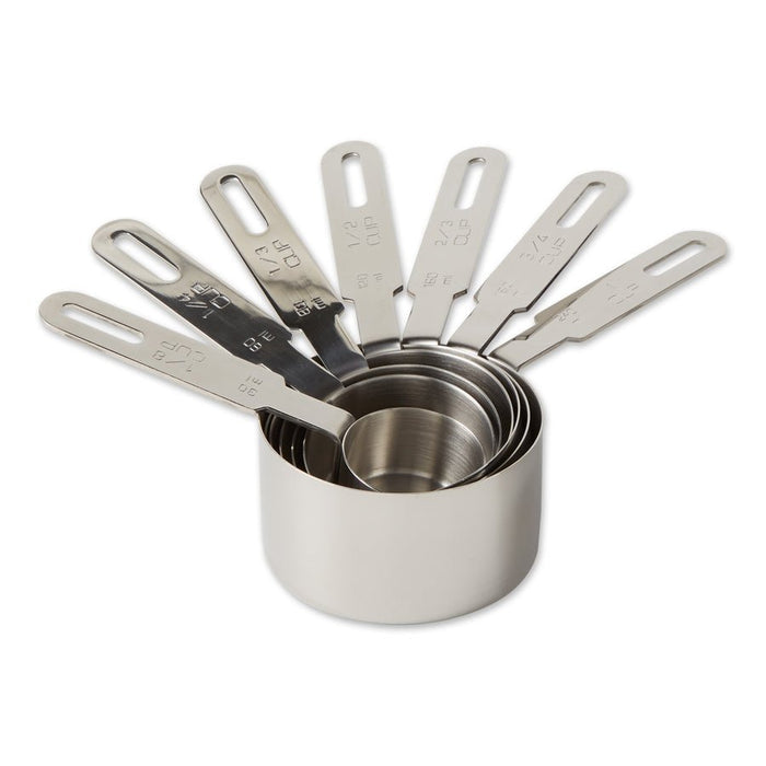 Set of 7 RSVP International measuring cups and spoons in various sizes for precise kitchen measurement and baking.