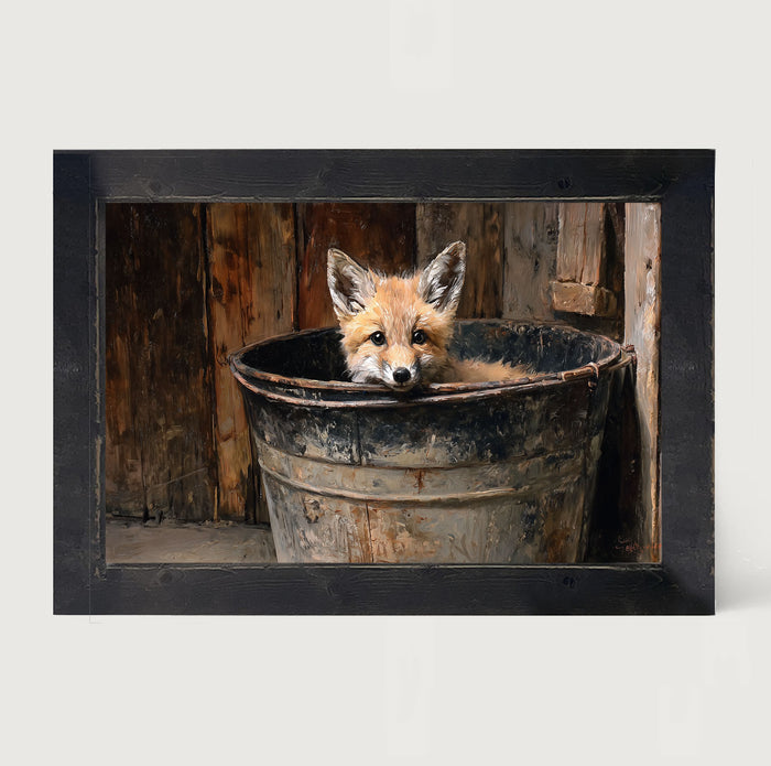 Metal Bucket with Baby Fox - Framed Art
