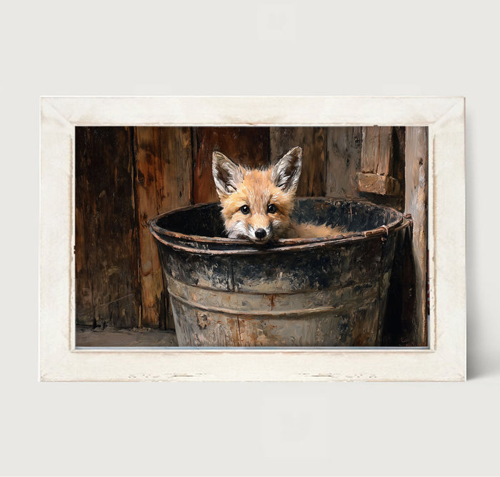 Metal Bucket with Baby Fox - Framed Art